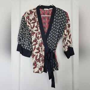 Mixed-Print Navy & Cream Wrap Top Anthropologie Size XS